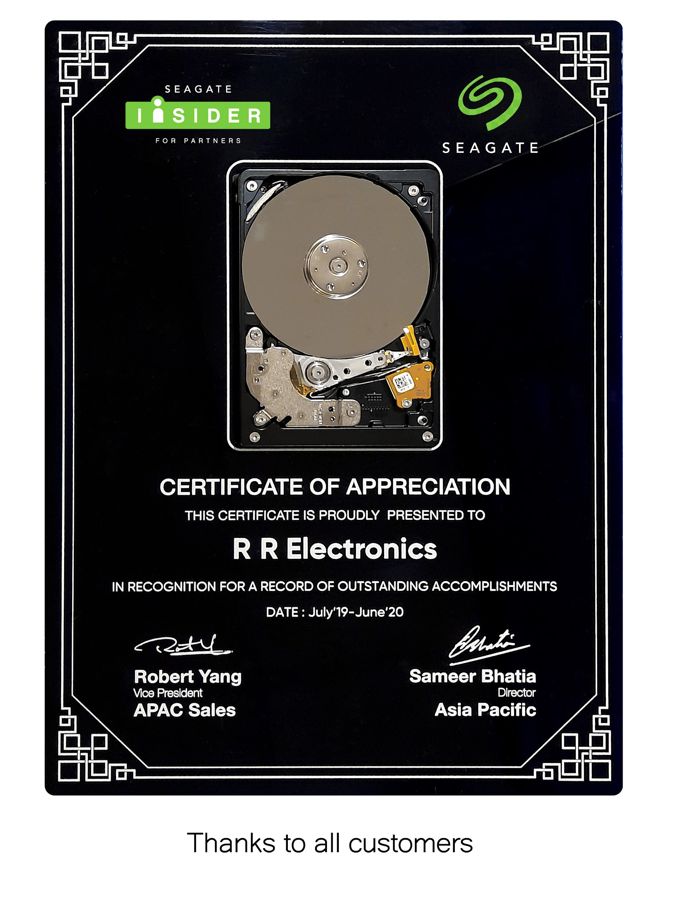 Certificate of appreciation from Seagate to R R Electronics